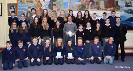 Tommy Martin, TV3, who officially launched the book at Rosses Community School on Friday pictured with first year, ty students and Principal, Mr John Gorman.