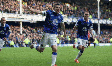 Seamus Coleman celebrates scoring a last-minute winner for Everton against Cardiff City last weekend
