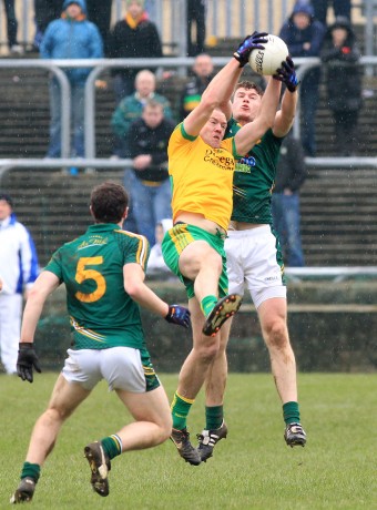 Neil Gallagher wins the high ball against Meath.
