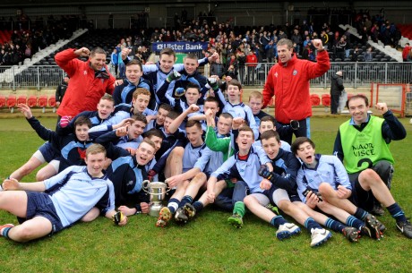 PCC Falcarragh, celebrate after winning the Arthurs Cup, defeating St Marks, Warrenpoint, in the final at Healy Park, Omagh, on Wednesday.