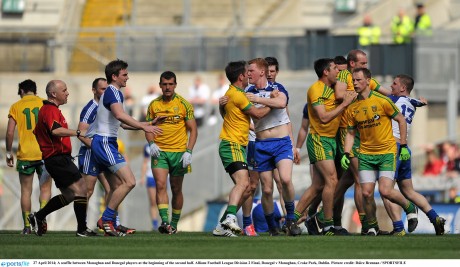 A scuffle between Monaghan and Donegal players at the beginning of the second half.  