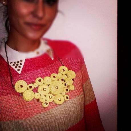 A necklace Zara made from recycled papers.