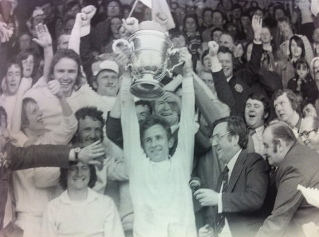Finn Harps captain Jim Sheridan lifts the FAI Cup in 1974.
