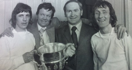 Players Paddy McGrory (left) and Charlie Ferry (right) celebrate with Finn Harps chairman Fran Fields and manager Patsy McGowan.
