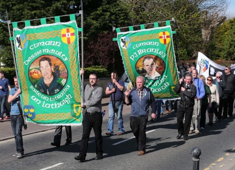 Dessie Mc Nulty and PJ Branley memorial banners on parade during the Drumboe Martyrs Memorial Parade on Sunday.