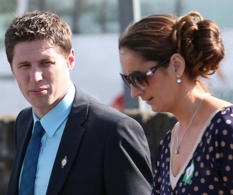 Sinn Fein Euro Candidate 2014 Matt Carthy, who was the main speaker at the Annual Drumboe Martyrs Memorial Parade on Sunday, in discussion with Cllr. Cora Harvey during the parade.