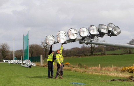Floodlights being erected at the Donegal GAA Training Centre, Convoy on Wednesday afternoon. Photo: Donna El Assaad