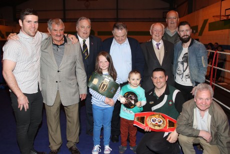 Former undefeated European Champion Paul McCloskey and Former Commonwealth Gold Medalist Eamonn O'Kane with young Christian McCullagh, his sister Rocha, Brendan Ryan, Cllr Frank McBrearty, Frank McBrearty Snr, Hugh Gallagher, Gary McCullagh and Peter O'Donnell at the Raphoe ABC tournament on Saturday night in Deele College.
