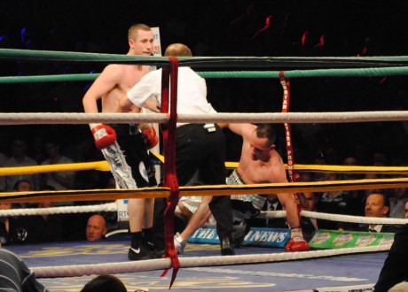 Paul McCloskey knocks Barry Morrison to the canvas to defeat the Scot and successfully defend his European title at the Aura Leisure Centre in 2010.