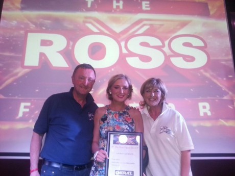 Nikki pictured with the late Ross Nugent’s parent’s Don and Sandra after winning the Crowd’s Choice award in Swords.