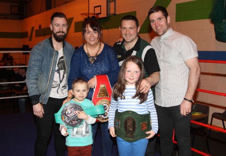 Former undefeated European light-welterweight Champion Paul McCloskey and Former Commonwealth Gold Medalist Eamonn O'Kane with Gary and Alieen McCullagh and their children Christian and Rocha during the Raphoe ABC tournament on Saturday night in Deele College. Photo: Donna El Assaad