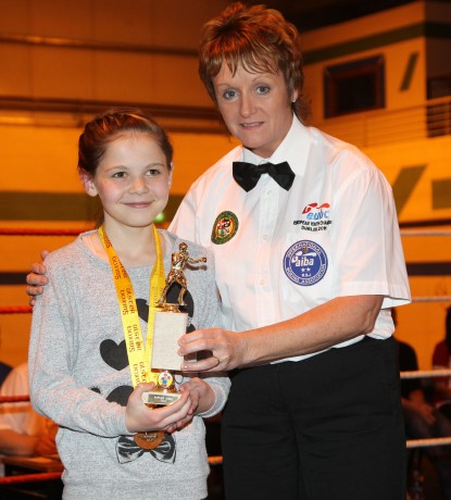 Raphoe's Cody Lafferty with IABA referee Sadie Duffy on Saturday night at the Raphoe ABC tournament. Photo: Donna El Assaad