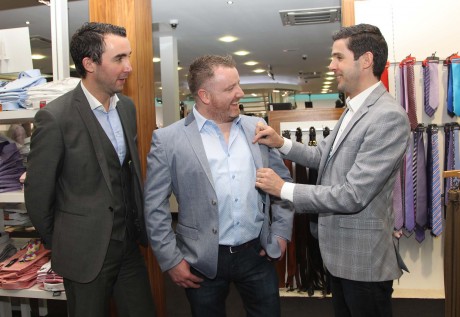 Gary O’Hanlon pictured with Mark and JP McCloskey at Evolve Menswear. Gary is wearing a Remus Polka Dot Shirt, Selected Blazer, G-Star Jeans and Tommy Bowe Footwear. Photo: Donna McBride