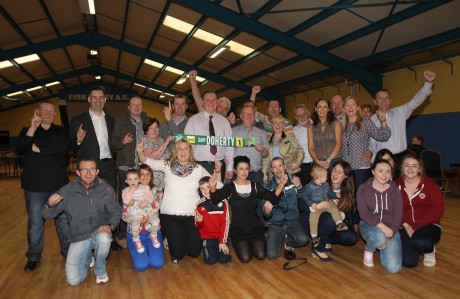 Sinn Fein take two seats in the Stranorlar Electoral Area including Gary Doherty topping the poll and Liam Doherty, pictured here with supporters including Pearse Doherty, TD. Photo: Donna El Assaad