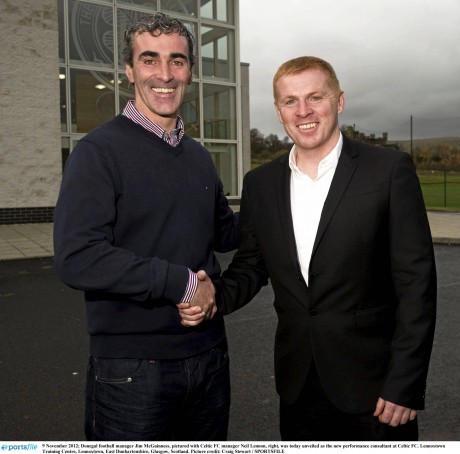 Jim McGuinness with Neil Lennon when the Glenties man was unveiled as  Performance Consultant at Celtic FC