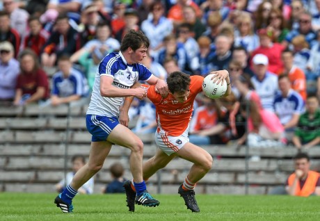 Caolan McConville, Armagh, in action against Caolan McElwain, Monaghan. 