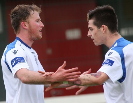 Pat Mc Cann is congratulated by Ruairi Keating after he gave Finn Harps the lead against Belgrove/Home Fam on Friday night in the Ford FAI Cup match between the sides. Photo: Gary Foy