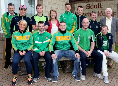 The Northern Ireland boxing team and their coach John Conlan on a visit to Illies NS on Friday. Also pictured are school principal Martina Cunningham and John Grant, Chairman Board of Management