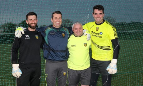 Safe hands.... Former Ireland International goalkeeper Shay Given with Donegal GAA Goalkeeping Coach Pat Shovelin and keepers' Michael Boyle and Paul Durcan at training in Convoy on Friday night. See page 42 for more coverage. Photo: Donna El Assaad