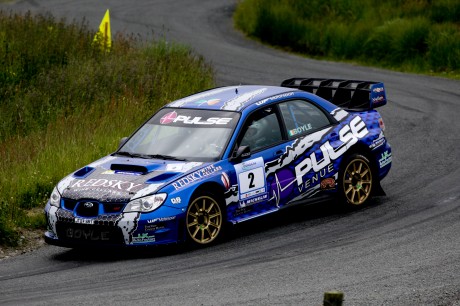 Doengal's Declan and Brian Boyle early leaders in the 2014 Donegal Rally in the  Subaru WRC. Photo; Cristeph/Brian McDaid