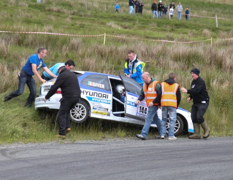 Crash...Terence Diver and Donal McElaney from Letterkenny crash out on the 2nd stage of the Donegal Rally. Photo Brian Mc Daid