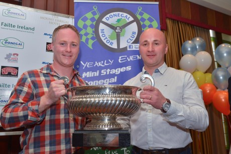 Brian Boyle and Declan Boyle winners with the Jim Kennedy Cup at the Donegal International Rally prize giving on Sunday.  Photo: Clive Wasson.