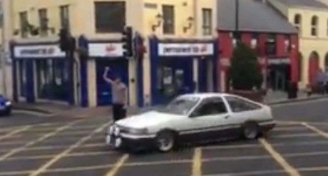 A screen shot from the video which was shared on social networks showing the Toyota Twincam performing doughnuts outside Gallagher’s Hotel Main Street.