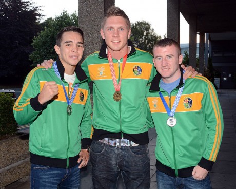 Jason Quigley pictured with Michael Conlan and Paddy Barnes last June after the European senior championships. Quigley won a gold with Conlan and Barnes taking home silver medals.