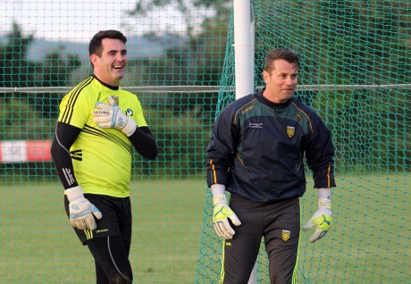 Shay Given trained with the Donegal footballers on Friday night. He is pictured with Paul Durcan. Photo: Donna El Assaad