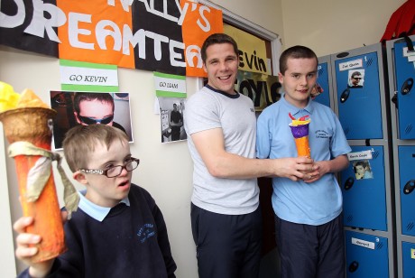 Special Olympic athletes Kyle Glackin and Kevin Coyle with teacher Mr Kevin Cassidy. Photo: Donna El Assaad