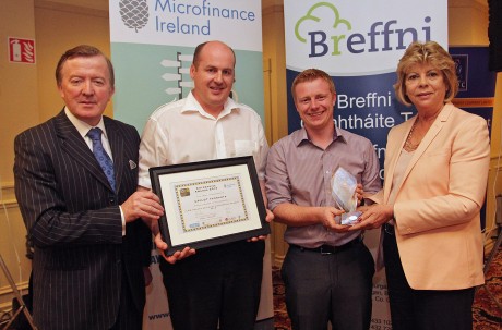 Taking First Place in the Inaugural ILDN Border Regional Enterprise Awards 2014 were John Paul Boyle and Kevin Boyle of uPilot Ltd, Donegal, they are presented with their awards by Mr John Perry, Minister of State with special responsilbility for Small Business and Norma Smurfit, Microfinance Ireland, Sponsor of the Awards.  Photos: Lorraine Teevan