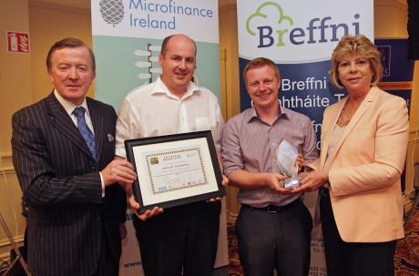 Taking First Place in the Inaugural ILDN Border Regional Enterprise Awards 2014 were John Paul Boyle and Kevin Boyle of uPilot Ltd, Donegal, they are presented with their awards by Mr John Perry, Minister of State with special responsilbility for Small Business and Norma Smurfit, Microfinance Ireland, Sponsor of the Awards.  Photo: Lorraine Teevan