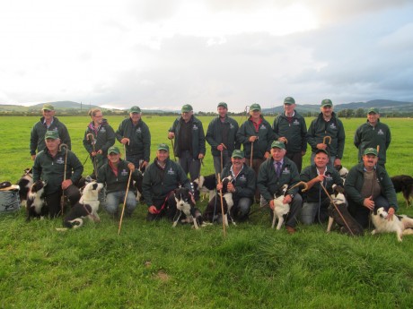Donegal men James McGee (third from left, front row), Martin Doherty (extreme right, front row) and James McCloskey (fifth from left, back row) with the rest of the Irish team that will compete at the 2014 Irish National Sheepdog Trials in Roscommon in September.