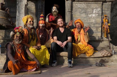 Paul with some holy men in Nepal during a blessing of the dead ceremony.