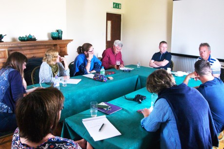 International participants gather with authors and editors for the first training session at the inaugural 'Forgotten Land, Remembered Words' Ireland Writing Retreat in Gaoth Dobhair.