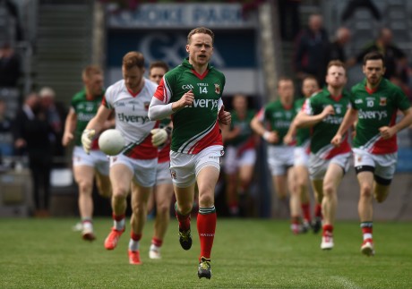 Mayo captain Andy Moran leads his team out before the All-Ireland SFC quarter-final against Cork.