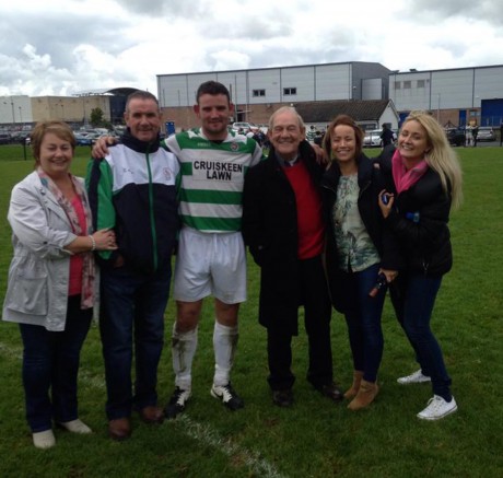 The Friel family, including Stephen (second left) and Garbhán (third left) celebrate after Cockhill Celtic won the Ulster Senior League on Sunday.