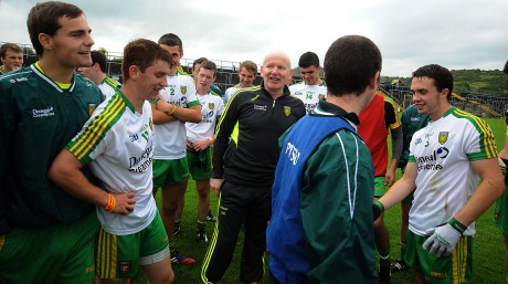 Declan Bonner, and his happy men after the win over Roscommon, which takes them to a semi final in Croke Park.