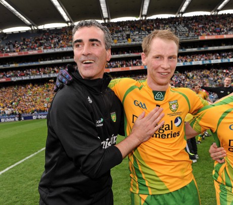 Donegal manager Jim McGuinness celebrates with Anthony Thompson after the 2012 All-Ireland final 