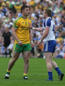 Patrick Mc Brearty stands his ground as Colin Walshe welcomes him to the game.