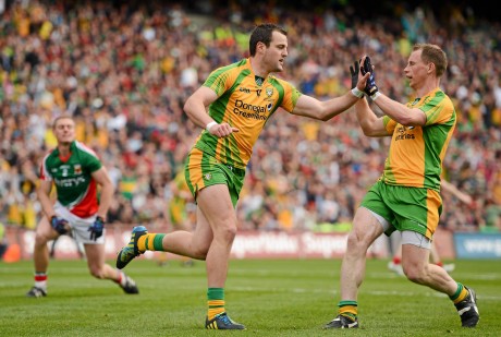 Michael Murphy, Donegal, celebrates with team-mate Anthony Thompson after scoring a goal in the 2012 All-Ireland final.