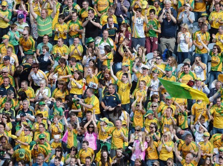 Donegal supporters celebrate Odhran MacNiallais's goal against Armagh during the All-Ireland quarter final in Croke Park on Saturday. Donegal went on to win the game by a point. Photo: Daire Brennan/Sportsfile.