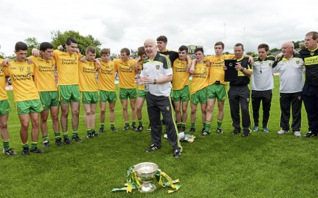 Declan Bonner, Donegal minor manager with his players after the Ulster final.   Picture credit: Oliver McVeigh / SPORTSFILE