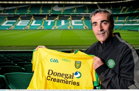 Jim McGuinness holds up a Donegal jersey at Celtic Park last week.