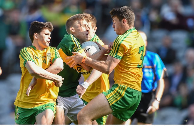 Killian Spillane, Kerry, in action against Colm Kelly, left, and Kierán Gillespie, Donegal in 2014 All-Ireland Minor Final