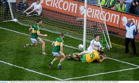 Colm McFadden hits the post with a fisted effort near the end of the game. 
