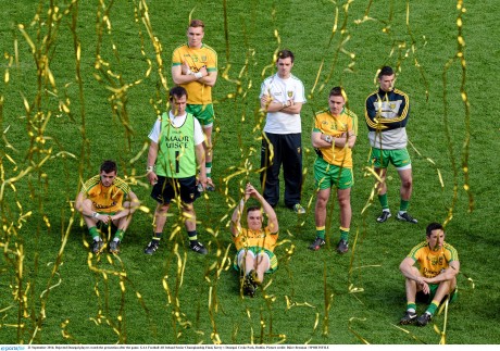  Donegal players watch the presentation of the Sam Maguire Cup to Kerry on Sunday.