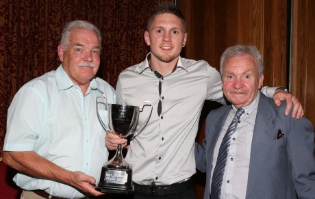 Paddy Doherty pictured presenting the Harry "Kid" Duffy Memorial Cup to Jason Quigley who won the Best Senior Boxer Award at the Donegal Boxing Board Annual Awards Night. Included is Peter O' Donnell. Photos by Gary Foy