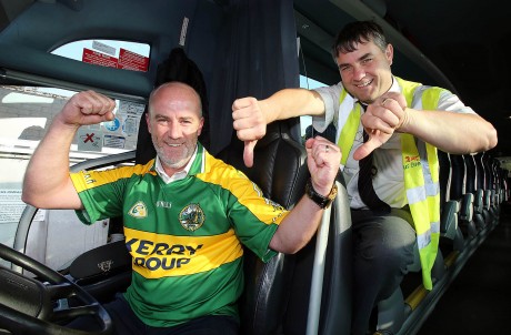Kerryman Geoff Cotter who drives the Bus Eireann Letterkenny to Dublin coach is hoping for a Kerry win in the All Ireland football final. Colleague Francie McDevitt has other ideas. Photo by Declan Doherty.