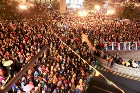 The Diamond in Donegal Town packed out to support the seniors and minors on Monday night. (Thanks to Diamond Lodgings for the use of the top floor view). Photo: Brian McDaid